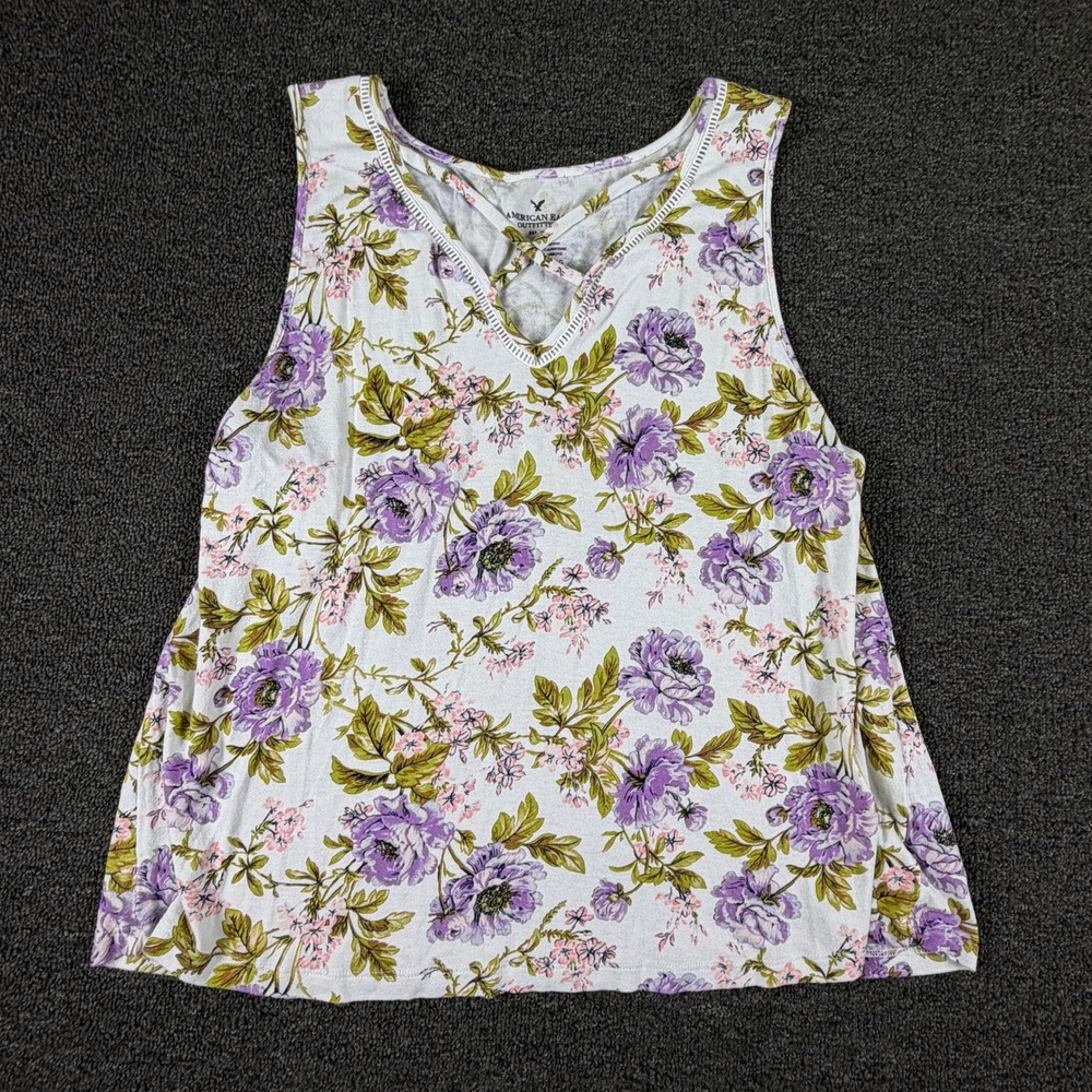 American Eagle Tank Top Womens XL Floral White Purple Lattice V-Neck EUC